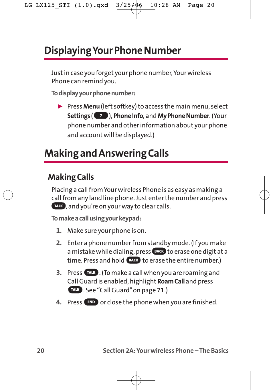 Displaying your phone number, Making and answering calls, Making calls | LG LX125 User Manual | Page 28 / 185