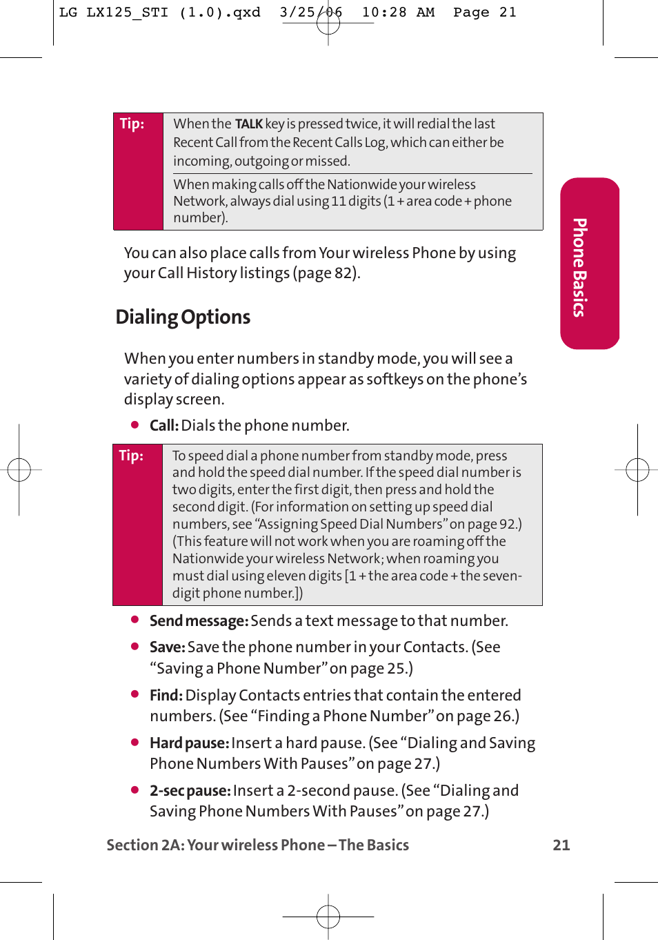 Dialing options, Phone basics | LG LX125 User Manual | Page 29 / 185