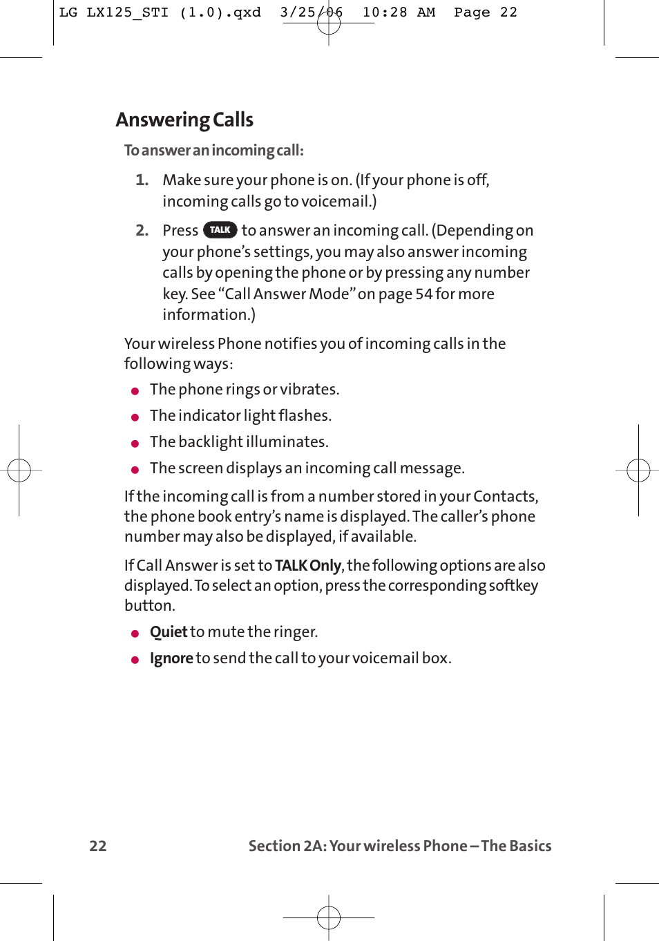 Answering calls | LG LX125 User Manual | Page 30 / 185