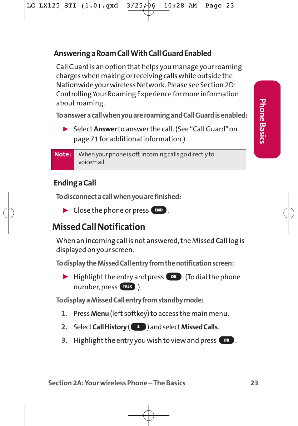 Missed call notification, Phone basics, Answering a roam call with call guard enabled | Ending a call | LG LX125 User Manual | Page 31 / 185
