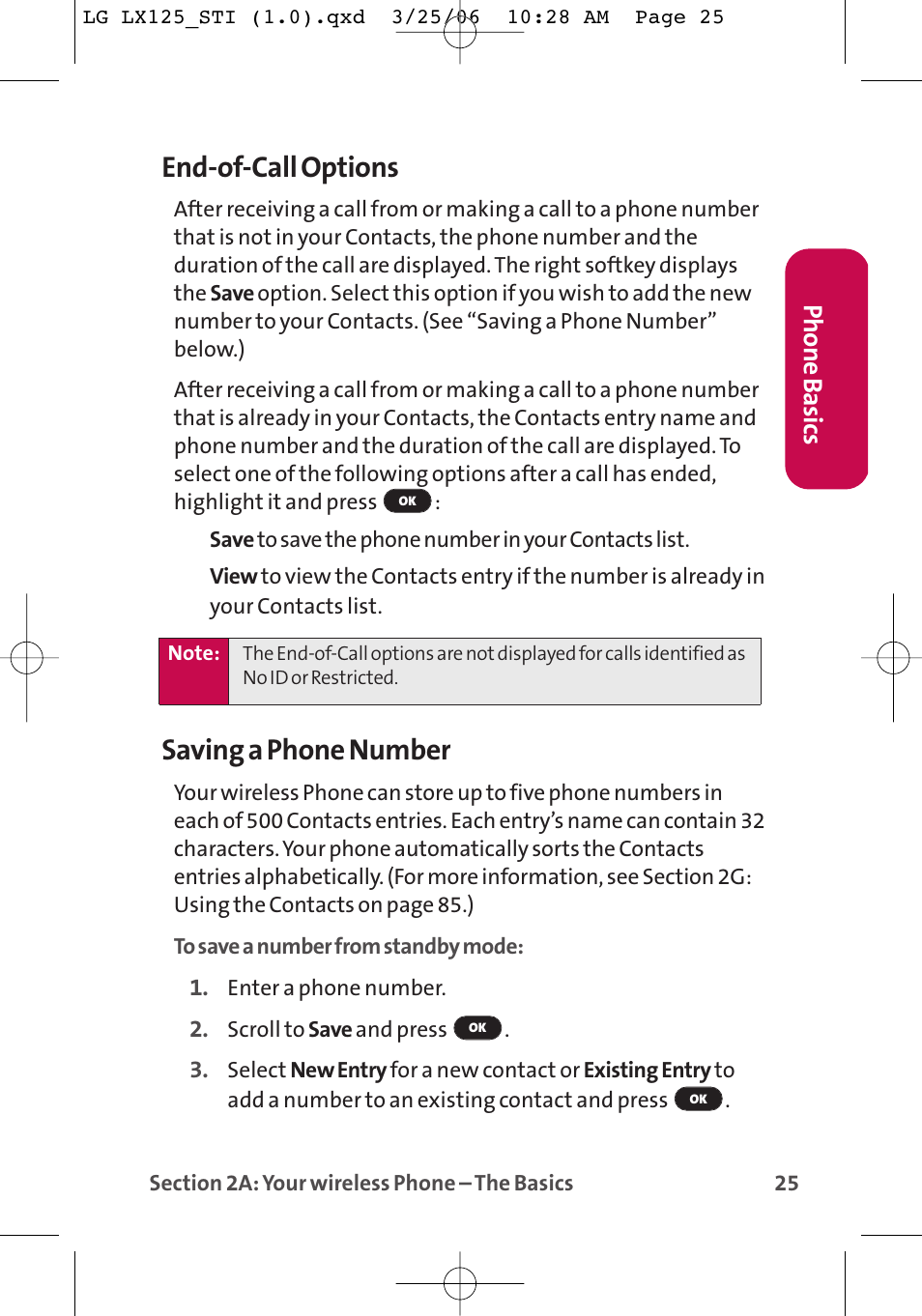 End-of-call options, Saving a phone number, Phone basics | LG LX125 User Manual | Page 33 / 185