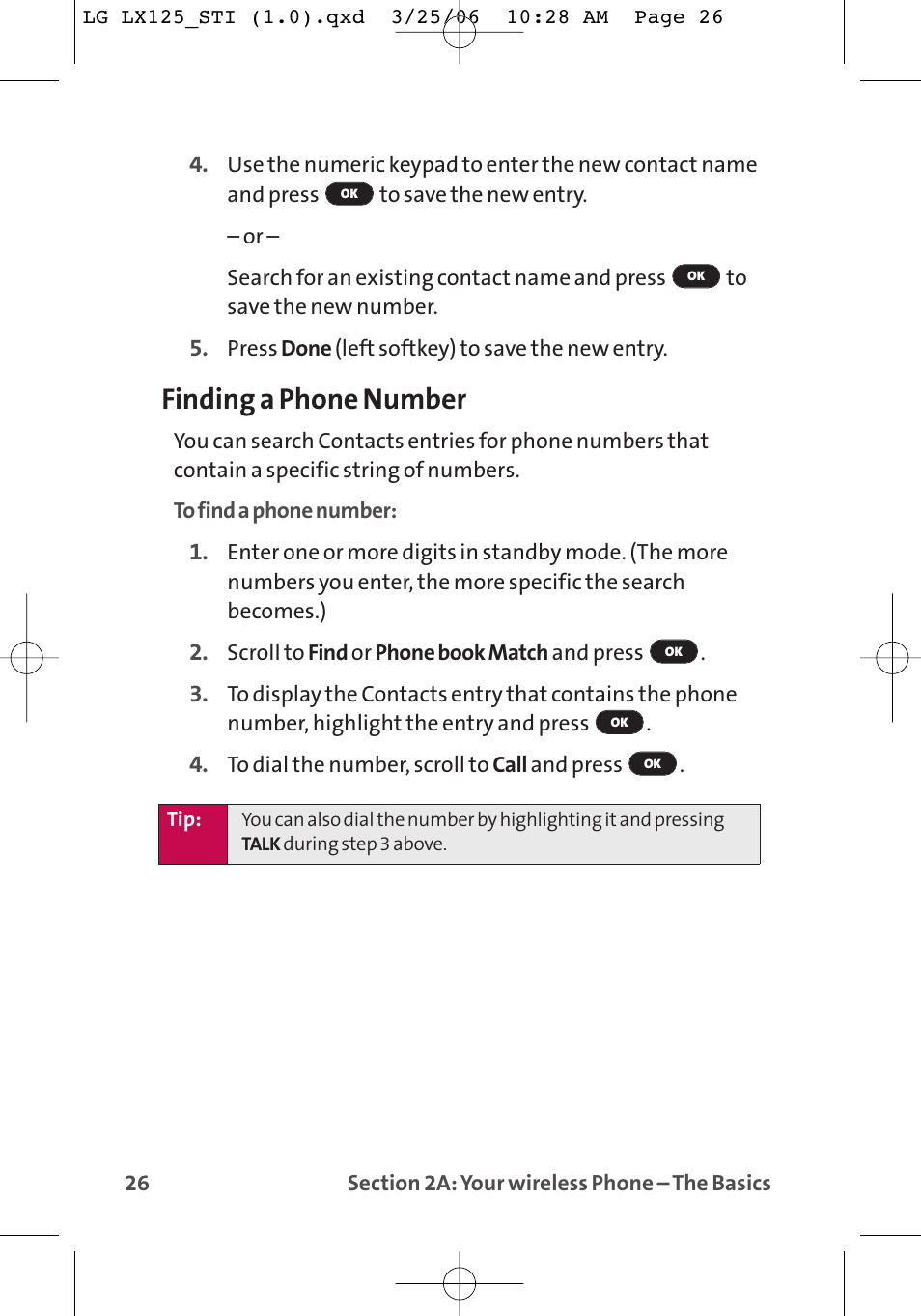 Finding a phone number | LG LX125 User Manual | Page 34 / 185