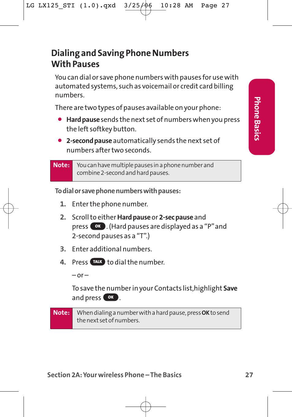 Dialing and saving phone numbers with pauses, Phone basics | LG LX125 User Manual | Page 35 / 185