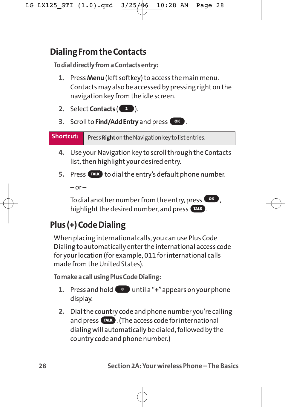 Dialing from the contacts, Plus (+) code dialing | LG LX125 User Manual | Page 36 / 185