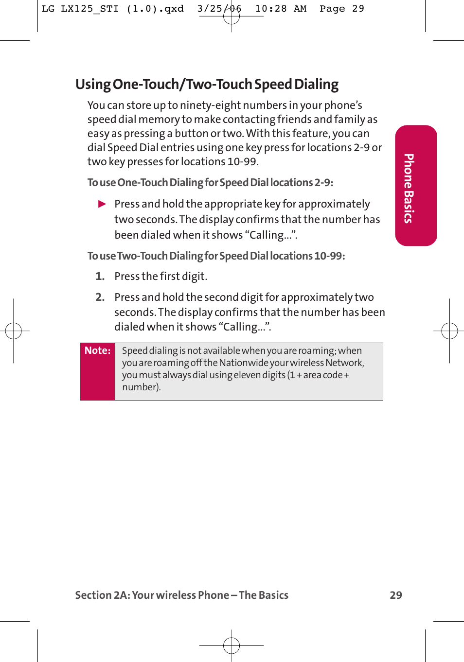 Using one-touch/two-touch speed dialing, Phone basics | LG LX125 User Manual | Page 37 / 185