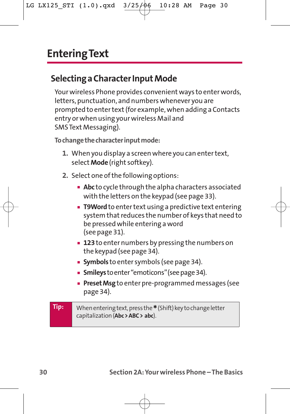 Entering text, Selecting a character input mode | LG LX125 User Manual | Page 38 / 185