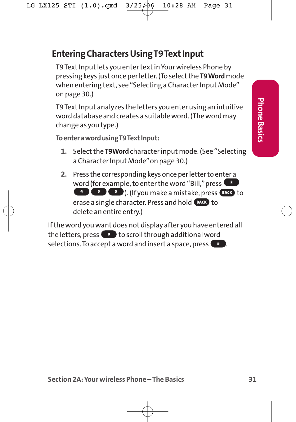 Entering characters using t9 text input, Phone basics | LG LX125 User Manual | Page 39 / 185