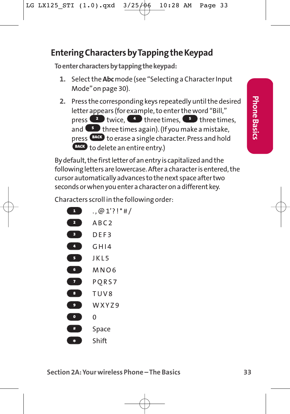 Entering characters by tapping the keypad, Phone basics | LG LX125 User Manual | Page 41 / 185