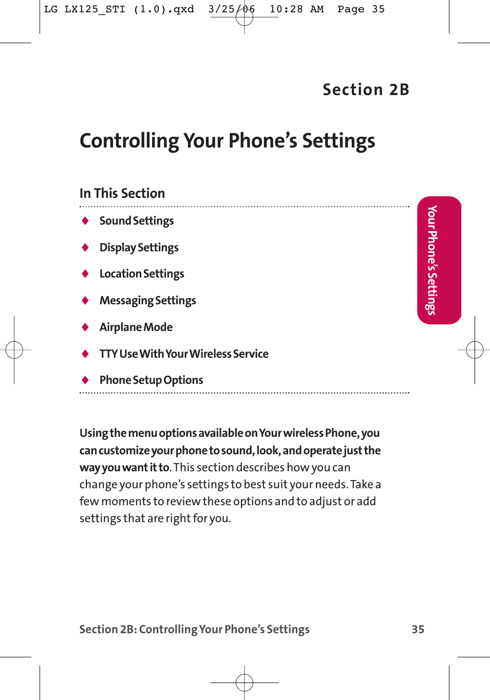 Controlling your phone’s settings | LG LX125 User Manual | Page 43 / 185