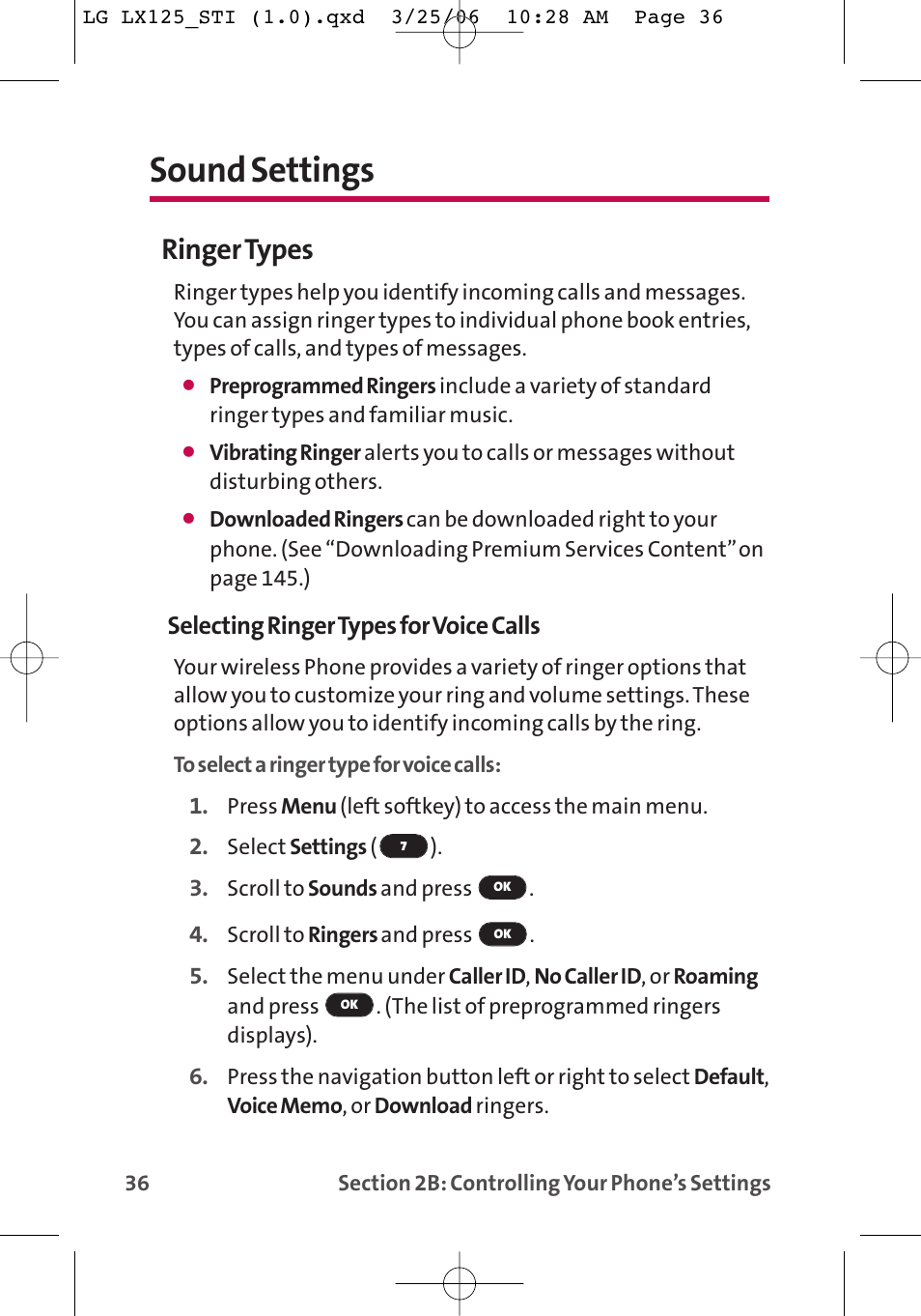 Sound settings, Ringer types, Selecting ringer types for voice calls | LG LX125 User Manual | Page 44 / 185