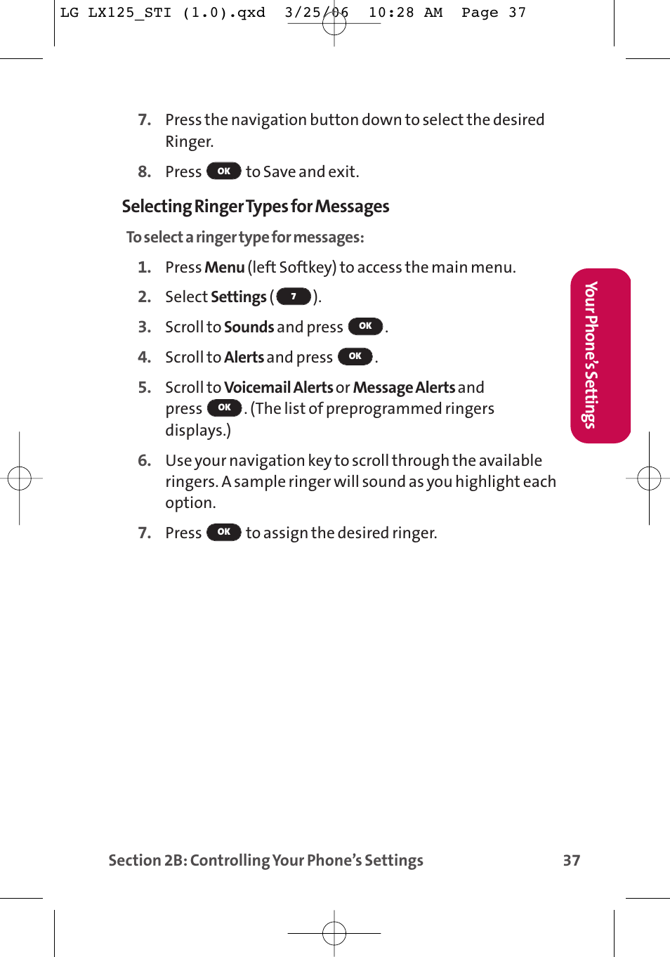 Selecting ringer types for messages | LG LX125 User Manual | Page 45 / 185