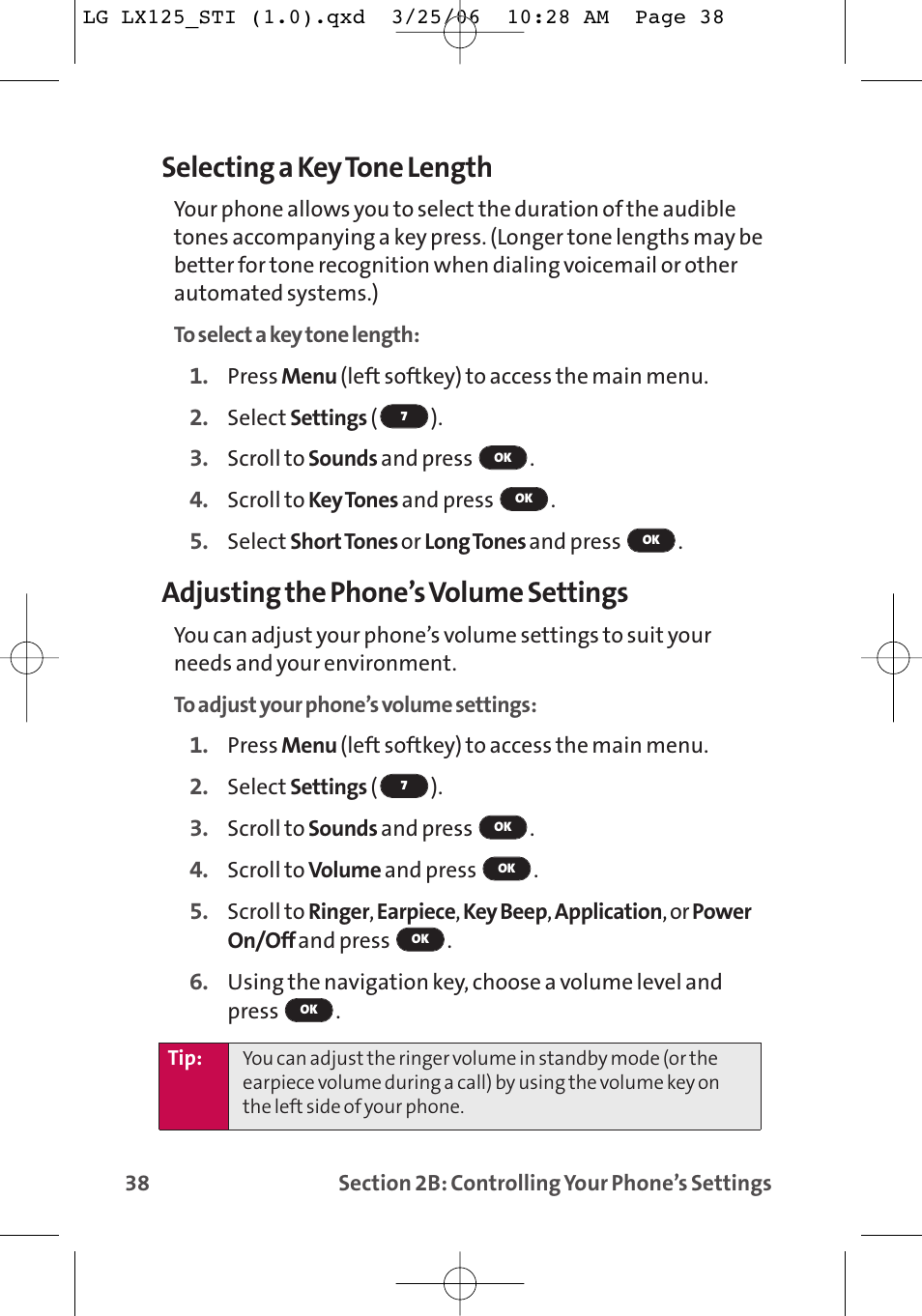 Selecting a key tone length, Adjusting the phone’s volume settings | LG LX125 User Manual | Page 46 / 185