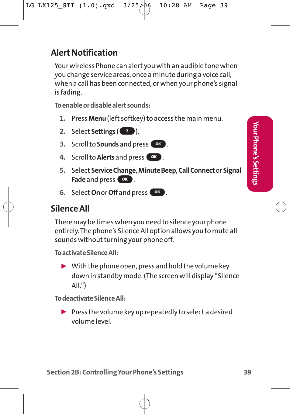 Alert notification, Silence all | LG LX125 User Manual | Page 47 / 185