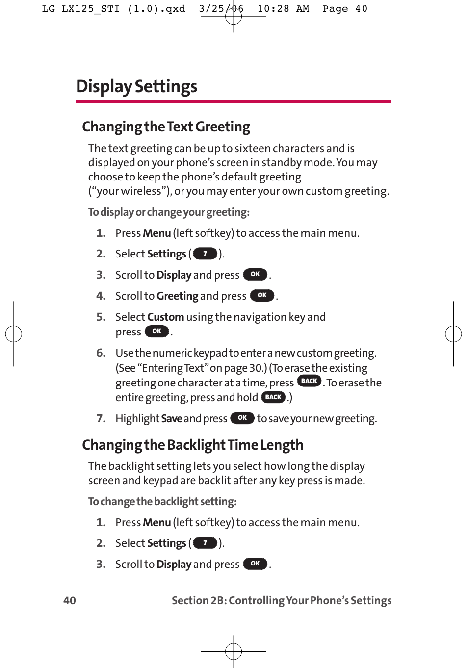 Display settings, Changing the text greeting, Changing the backlighttime length | LG LX125 User Manual | Page 48 / 185