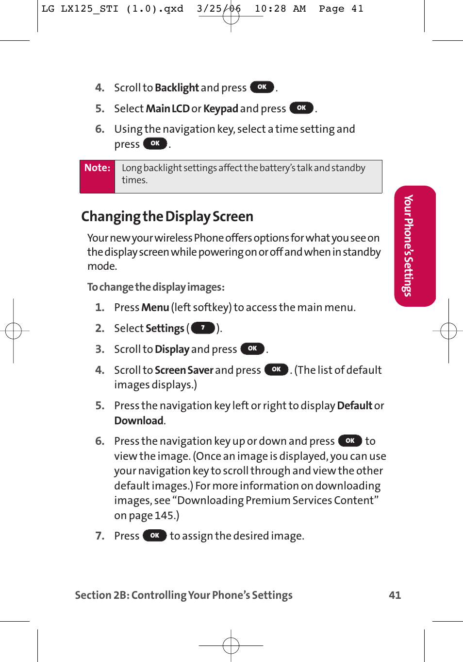 Changing the display screen | LG LX125 User Manual | Page 49 / 185