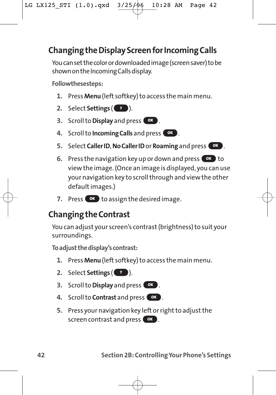 Changing the display screen for incoming calls, Changing the contrast | LG LX125 User Manual | Page 50 / 185