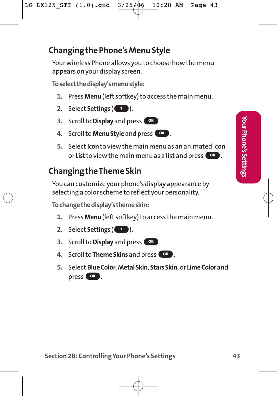 Changing the phone’s menu style, Changing the theme skin | LG LX125 User Manual | Page 51 / 185