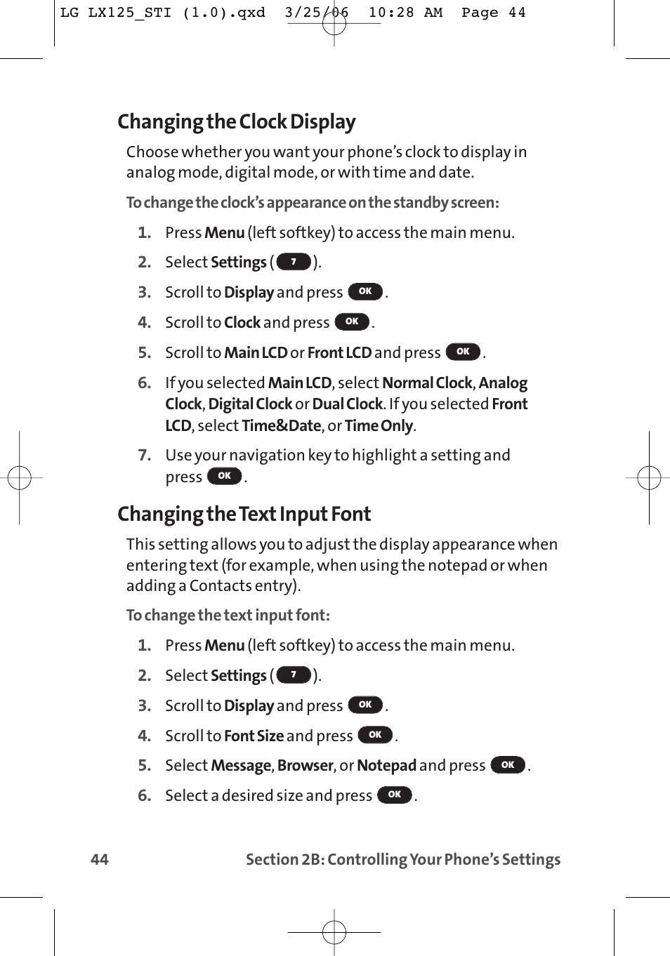 Changing the clock display, Changing the text input font | LG LX125 User Manual | Page 52 / 185