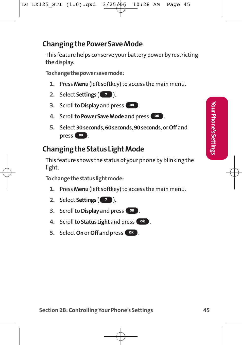 Changing the power save mode, Changing the status light mode | LG LX125 User Manual | Page 53 / 185