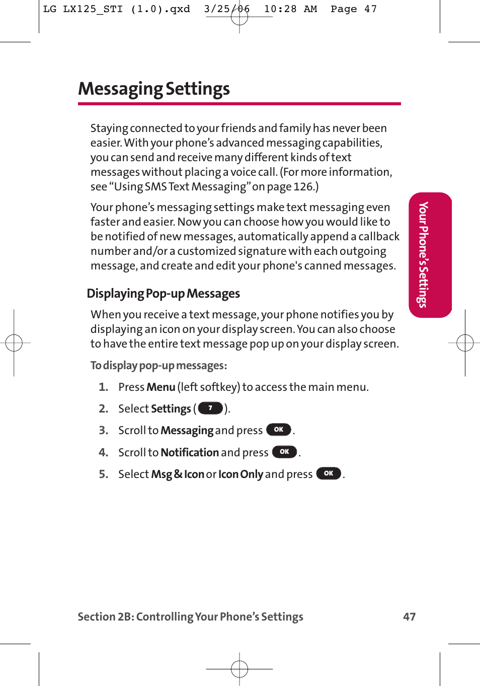 Messaging settings, Displaying pop-up messages | LG LX125 User Manual | Page 55 / 185