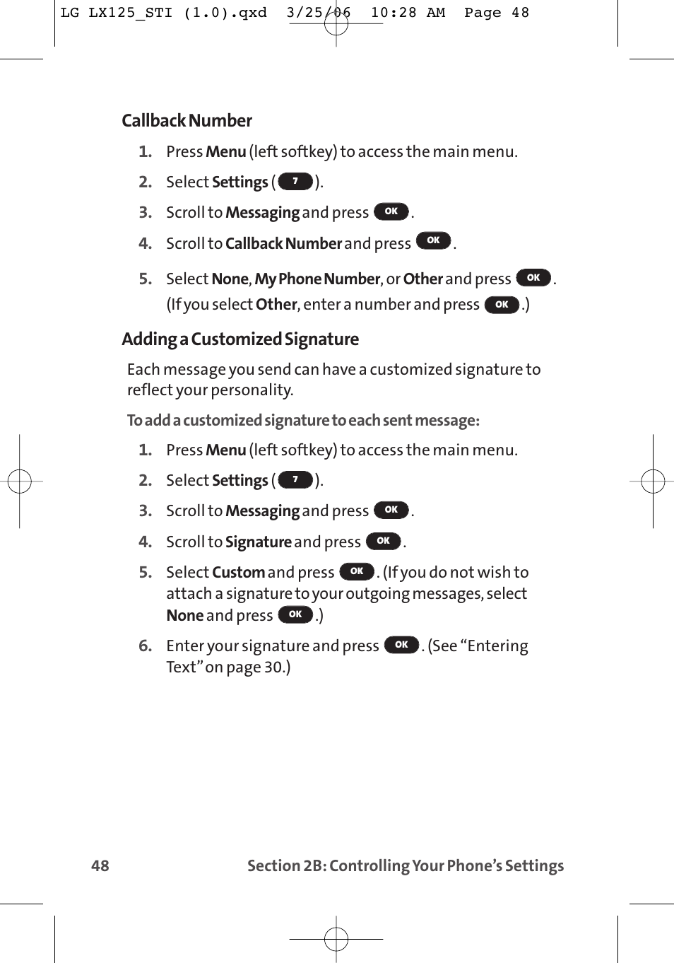 Callback number, Adding a customized signature | LG LX125 User Manual | Page 56 / 185