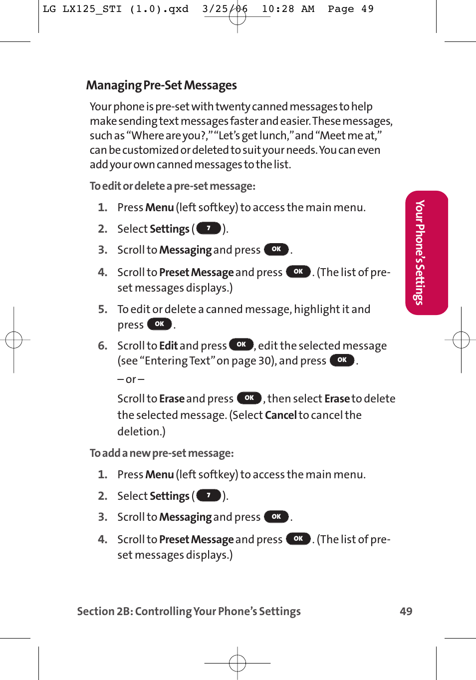 Managing pre-set messages | LG LX125 User Manual | Page 57 / 185