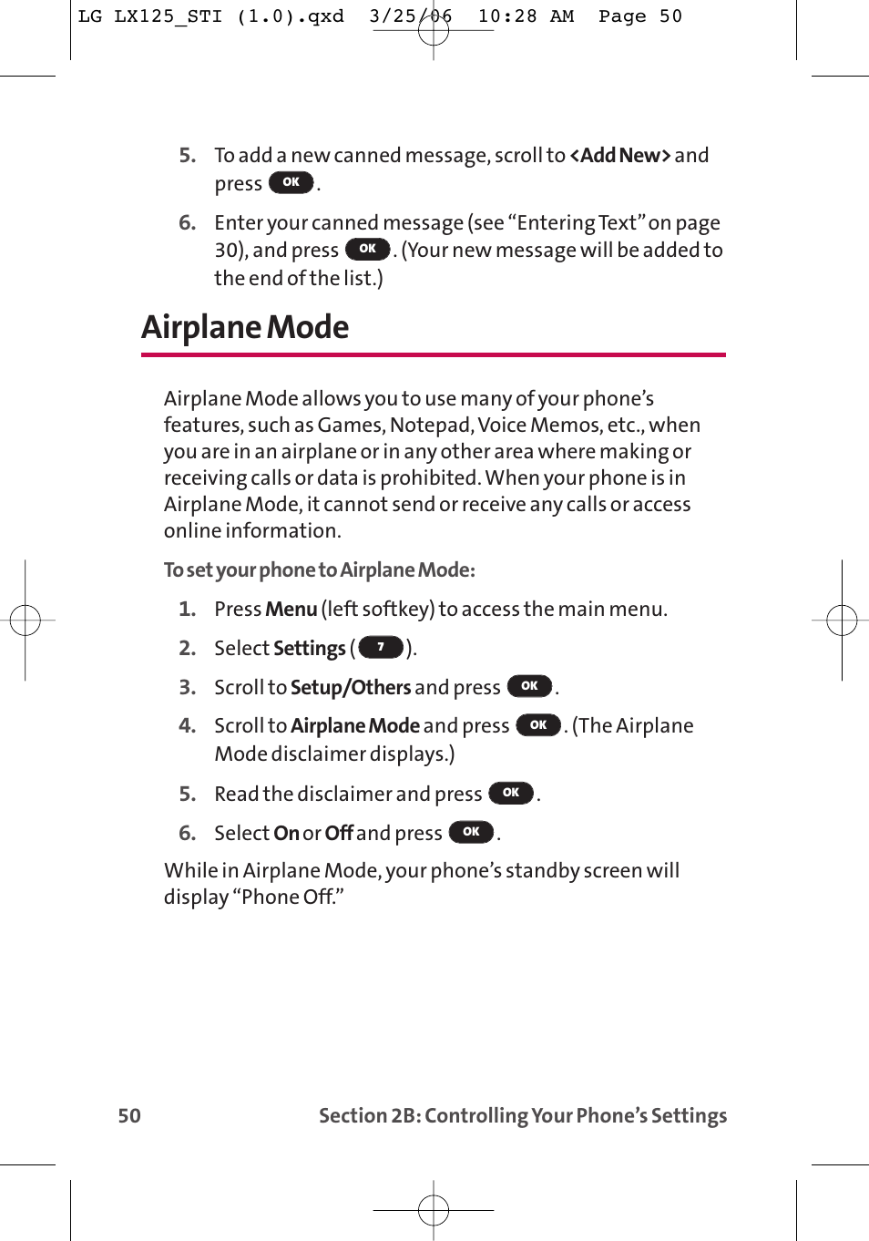 Airplane mode | LG LX125 User Manual | Page 58 / 185