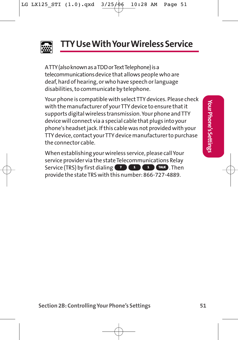 Tty use with your wireless service | LG LX125 User Manual | Page 59 / 185