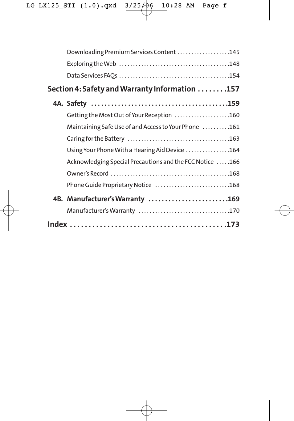 Index | LG LX125 User Manual | Page 6 / 185