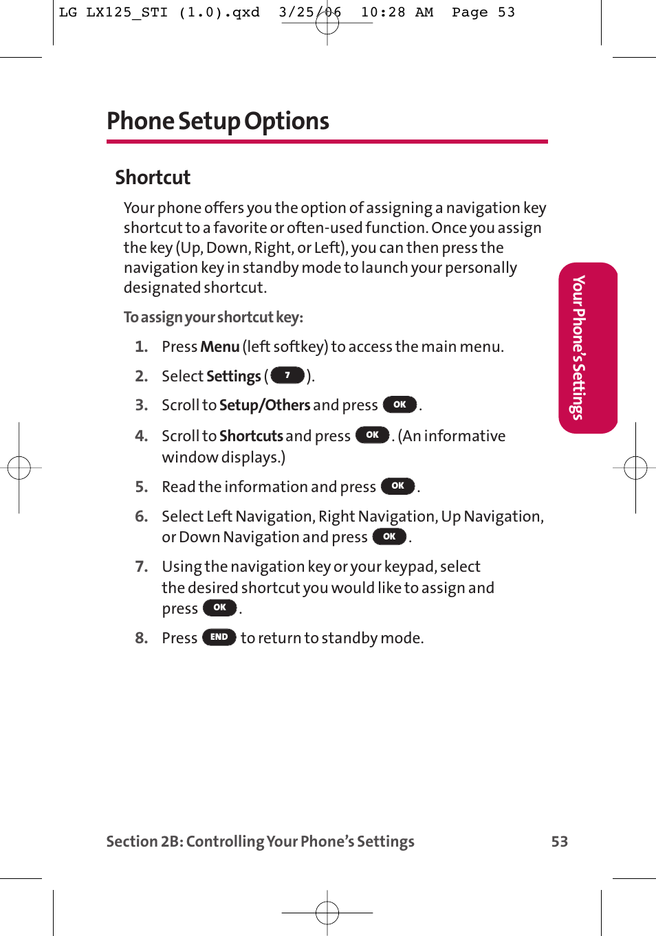Phone setup options, Shortcut | LG LX125 User Manual | Page 61 / 185