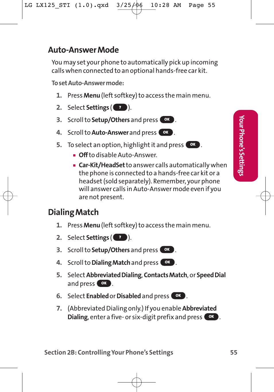Auto-answer mode, Dialing match | LG LX125 User Manual | Page 63 / 185