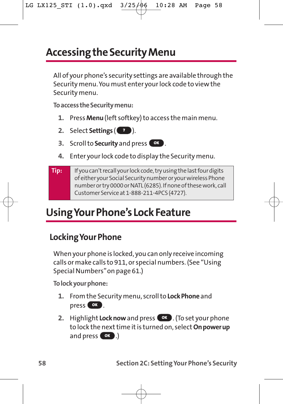 Accessing the security menu, Using your phone’s lock feature, Locking your phone | LG LX125 User Manual | Page 66 / 185