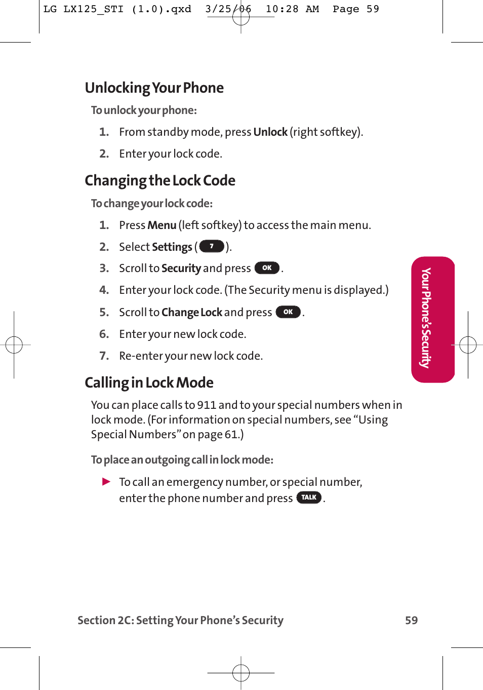 Unlocking your phone, Changing the lock code, Calling in lock mode | LG LX125 User Manual | Page 67 / 185