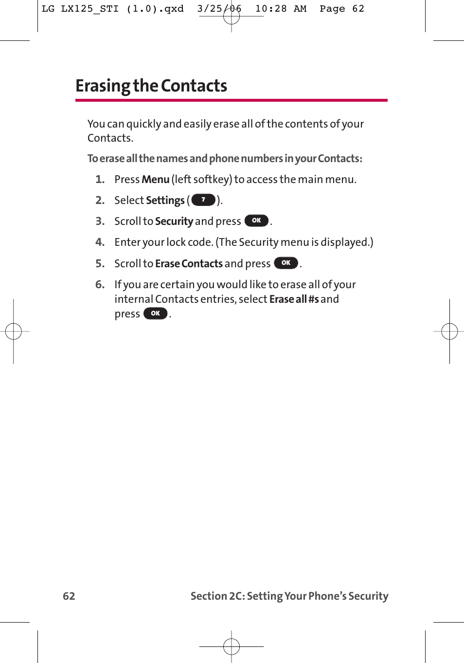 Erasing the contacts | LG LX125 User Manual | Page 70 / 185