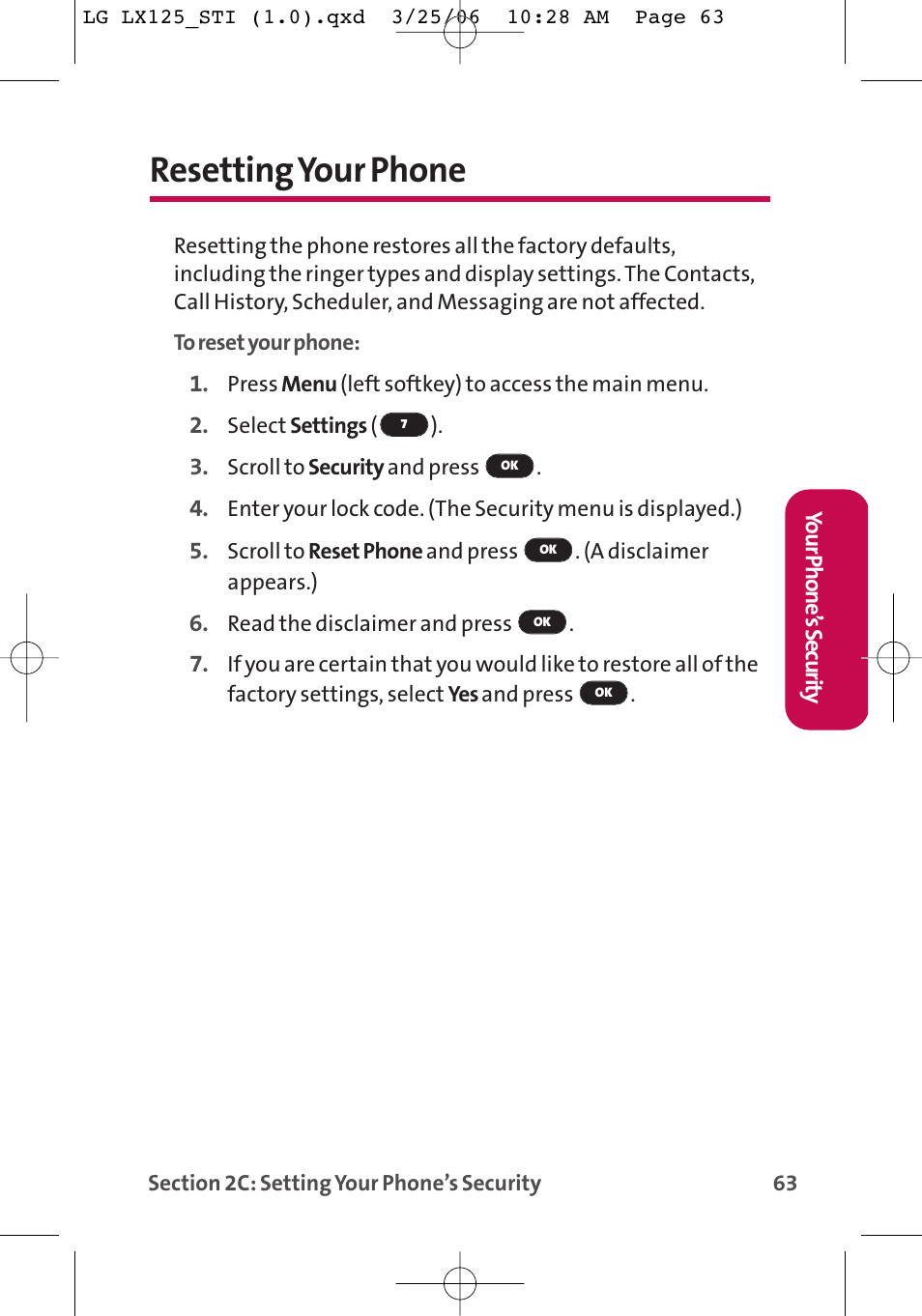 Resetting your phone | LG LX125 User Manual | Page 71 / 185