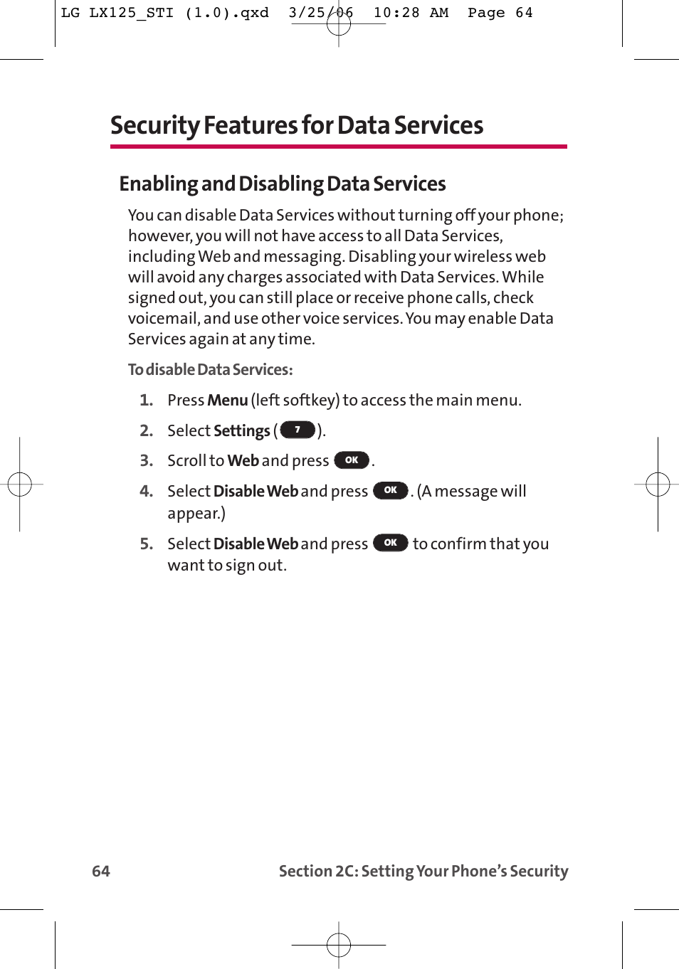 Security features for data services, Enabling and disabling data services | LG LX125 User Manual | Page 72 / 185