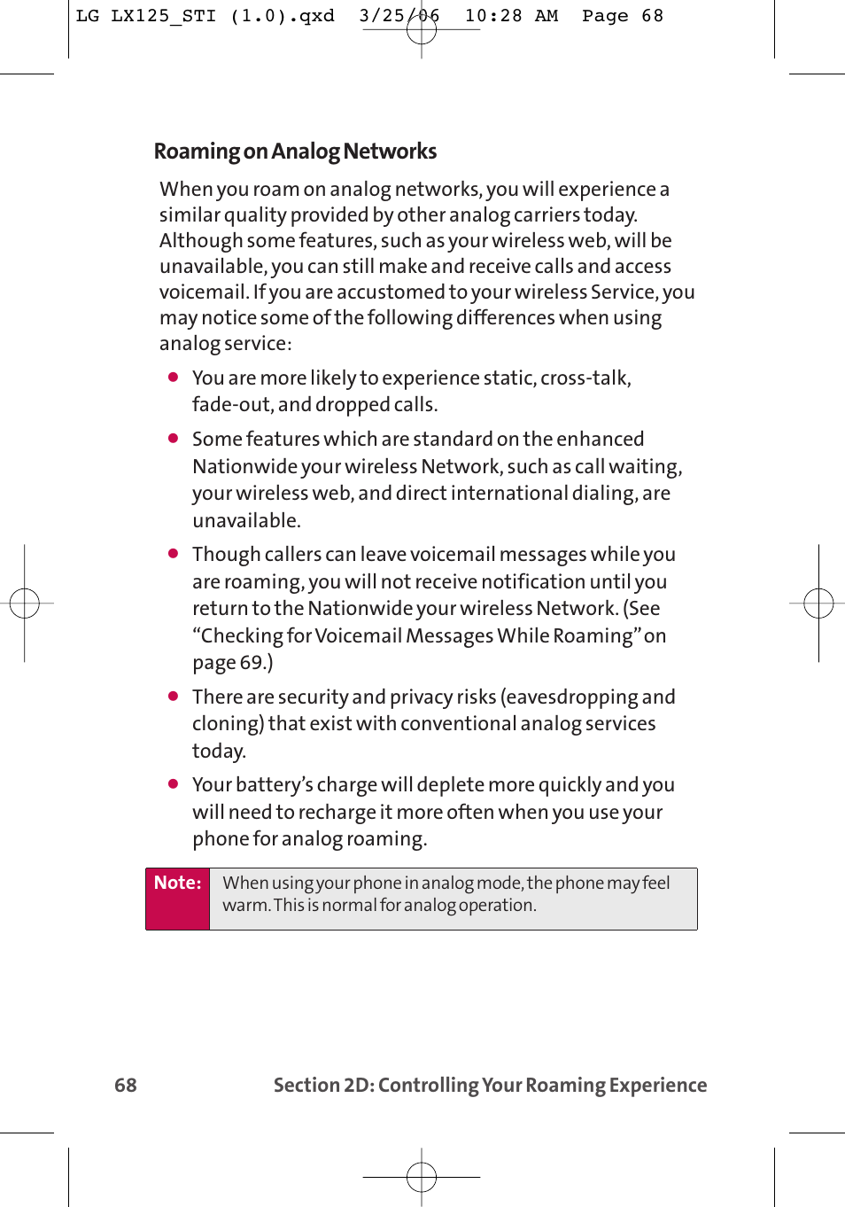 Roaming on analog networks | LG LX125 User Manual | Page 76 / 185