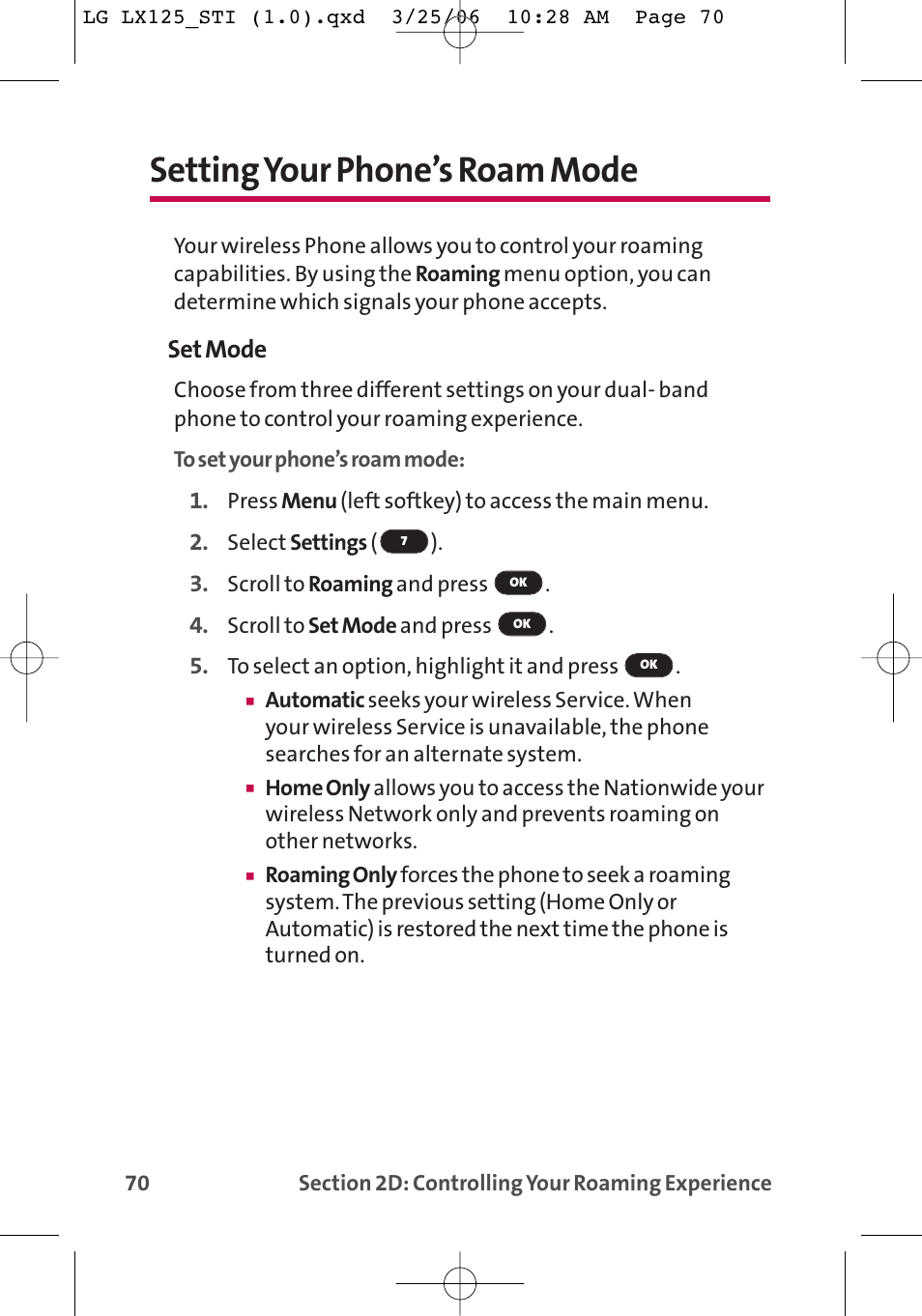 Setting your phone’s roam mode, Set mode | LG LX125 User Manual | Page 78 / 185