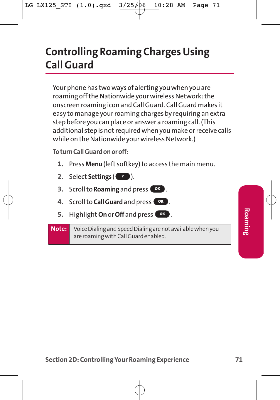 Controlling roaming charges using call guard | LG LX125 User Manual | Page 79 / 185