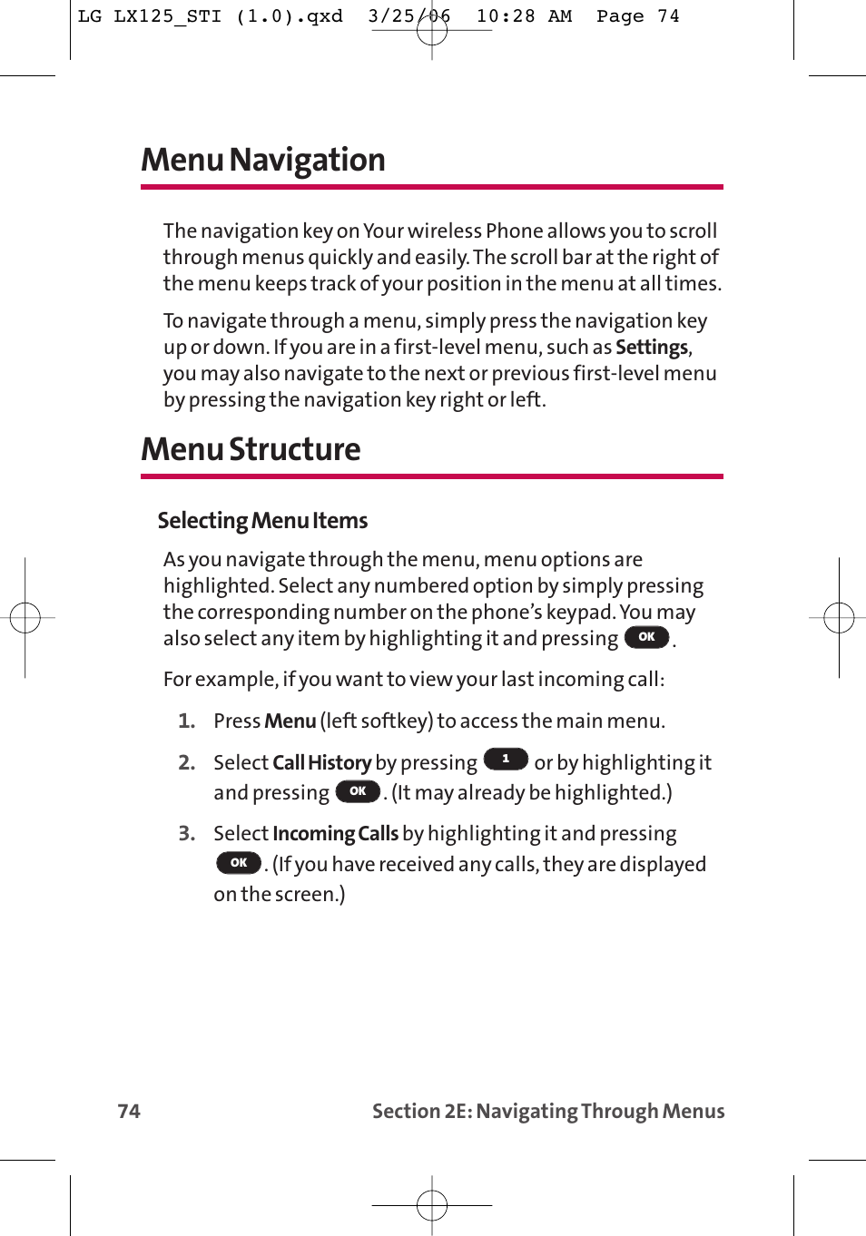 Menu navigation, Menu structure | LG LX125 User Manual | Page 82 / 185