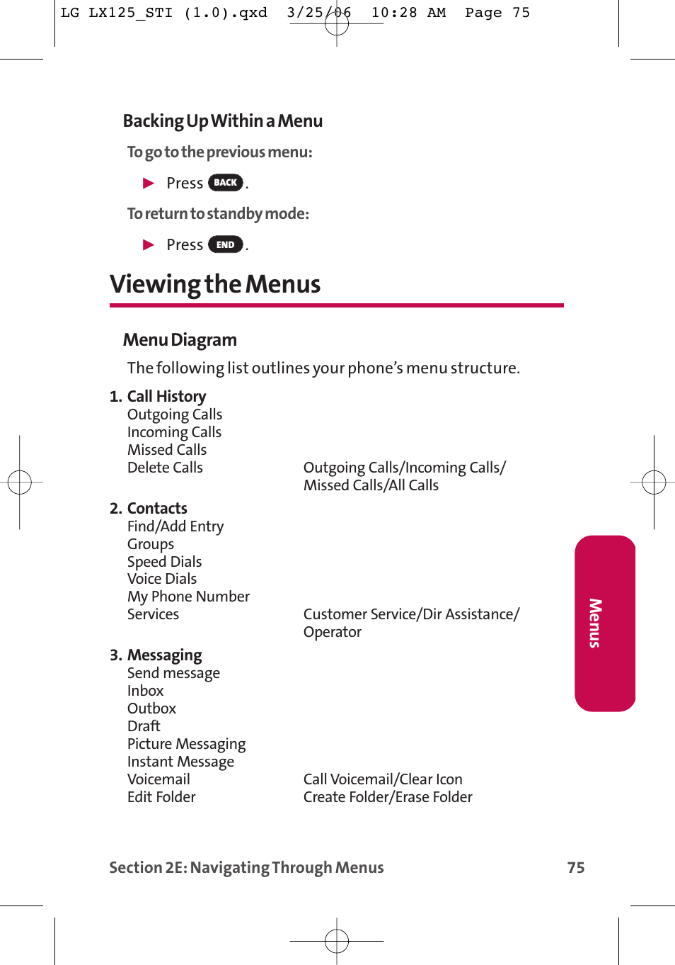Viewing the menus, Backing up within a menu, Menu diagram | LG LX125 User Manual | Page 83 / 185