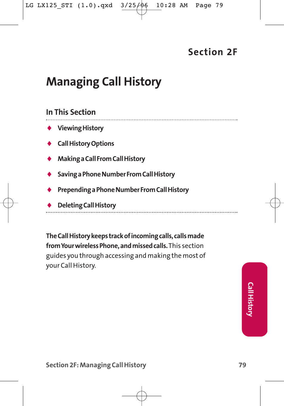 Managing call history | LG LX125 User Manual | Page 87 / 185