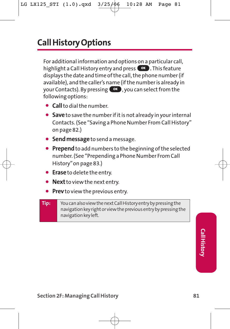 Call history options, Call, Save | Send message, Prepend, Erase, Next, Prev | LG LX125 User Manual | Page 89 / 185