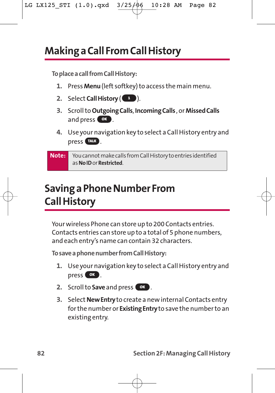 Making a call from call history, Saving a phone number from call history | LG LX125 User Manual | Page 90 / 185