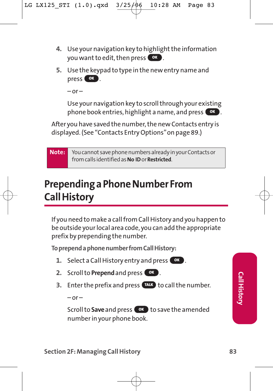 Prepending a phone number from call history | LG LX125 User Manual | Page 91 / 185