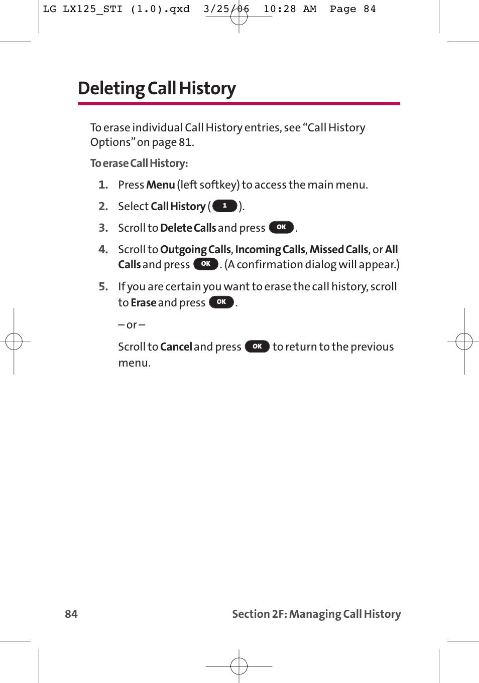 Deleting call history | LG LX125 User Manual | Page 92 / 185