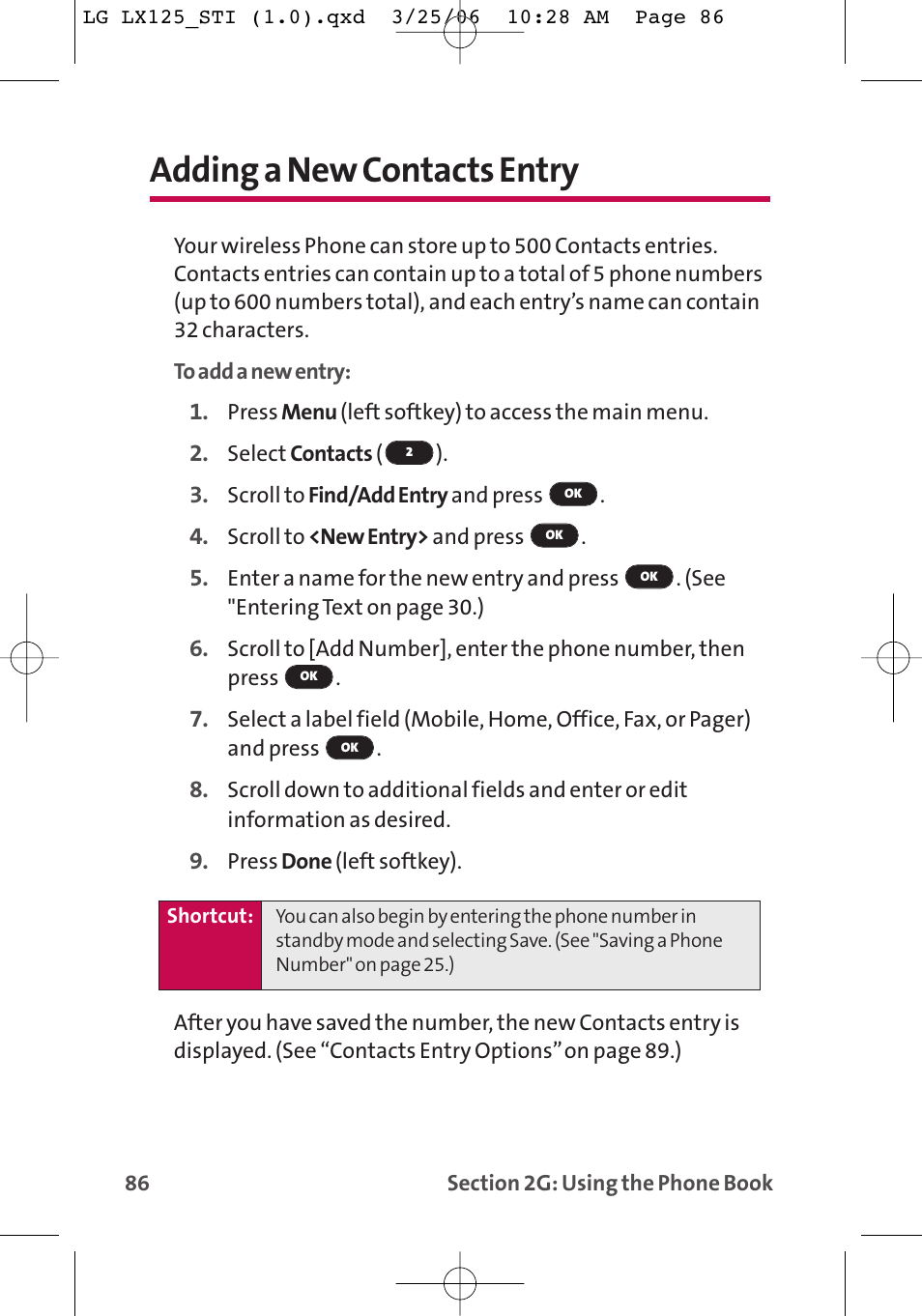 Adding a new contacts entry | LG LX125 User Manual | Page 94 / 185
