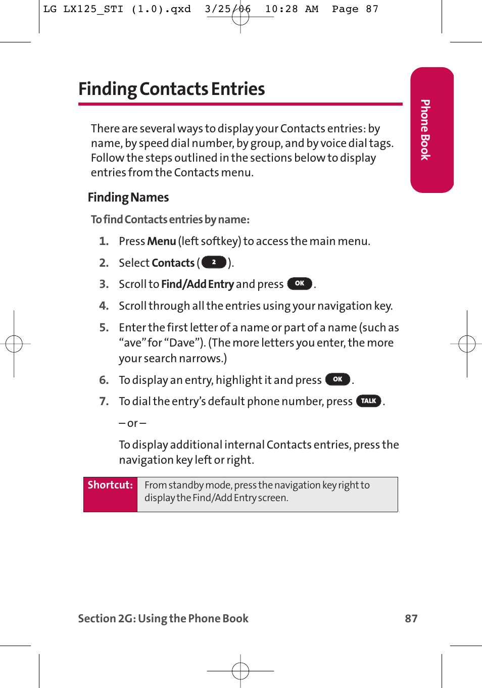 Finding contacts entries, Finding names | LG LX125 User Manual | Page 95 / 185