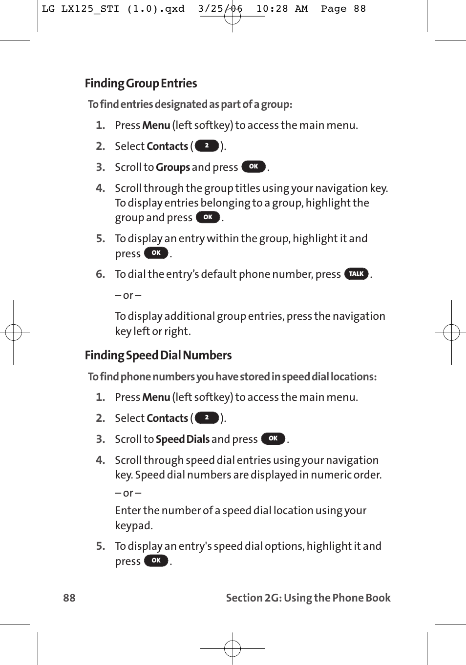 Finding group entries, Finding speed dial numbers | LG LX125 User Manual | Page 96 / 185