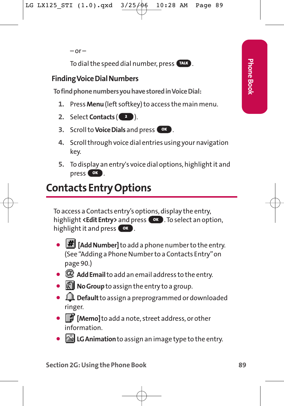 Contacts entry options, Finding voice dial numbers | LG LX125 User Manual | Page 97 / 185